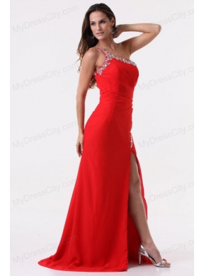 Column Red One Shoulder Beading High Slit Prom Dress