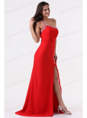 Column Red One Shoulder Beading High Slit Prom Dress