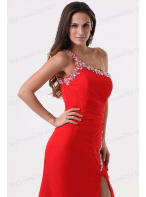 Column Red One Shoulder Beading High Slit Prom Dress