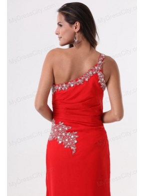 Column Red One Shoulder Beading High Slit Prom Dress