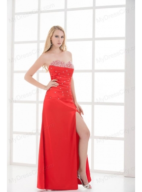 Column Red Sweetheart Sleeveless Beading and Ruching High Slit Prom Dress