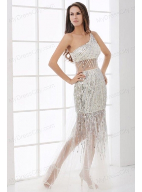 Column Silver One Shoulder Sequin Floor-length Prom Dress