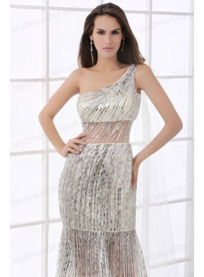 Column Silver One Shoulder Sequin Floor-length Prom Dress