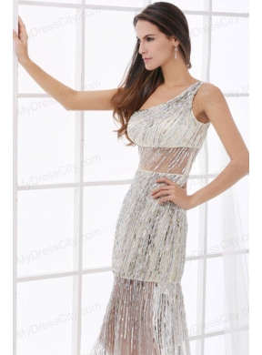 Column Silver One Shoulder Sequin Floor-length Prom Dress