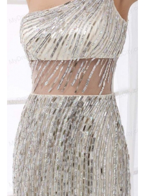 Column Silver One Shoulder Sequin Floor-length Prom Dress