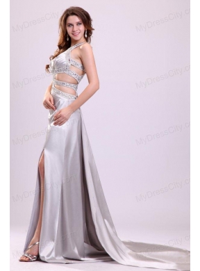 Column Straps Beading Ruching Satin High Slit Gray Prom Dress