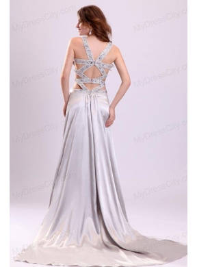 Column Straps Beading Ruching Satin High Slit Gray Prom Dress