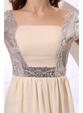 Empire Chiffon Scoop Champagne Long Prom Dress with Short Sleeves