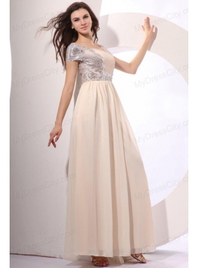 Empire Chiffon Scoop Champagne Long Prom Dress with Short Sleeves