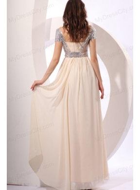 Empire Chiffon Scoop Champagne Long Prom Dress with Short Sleeves