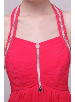 Empire Halter Top Neck Red Beading Ankle-length Prom Dress