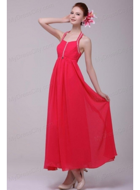 Empire Halter Top Neck Red Beading Ankle-length Prom Dress