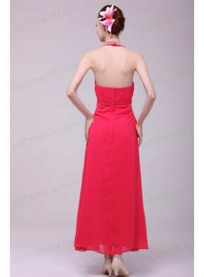 Empire Halter Top Neck Red Beading Ankle-length Prom Dress