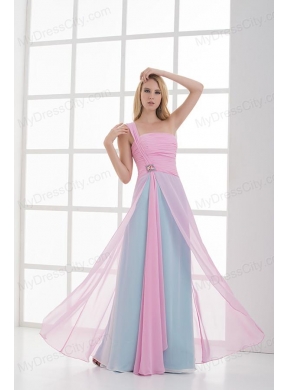 Empire One Shoulder Baby Pink and Blue Chiffon   Ruching Prom Dress