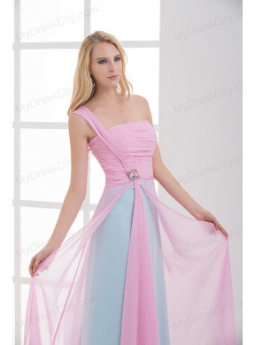 Empire One Shoulder Baby Pink and Blue Chiffon   Ruching Prom Dress