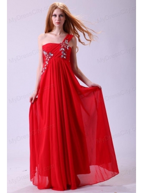 Empire One Shoulder Chiffon Red Prom Dress Beading Floor-length