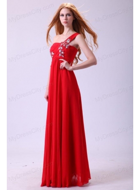 Empire One Shoulder Chiffon Red Prom Dress Beading Floor-length