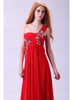 Empire One Shoulder Chiffon Red Prom Dress Beading Floor-length