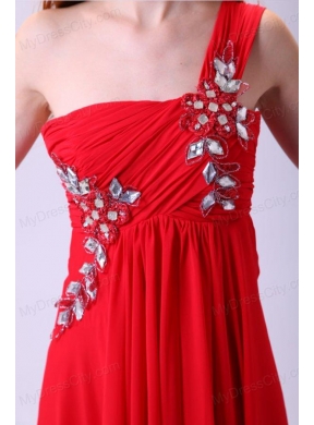 Empire One Shoulder Chiffon Red Prom Dress Beading Floor-length