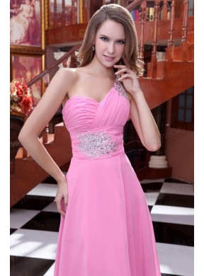 Empire Rose Pink One Shoulder Beading and Ruching Chiffon Prom Dress