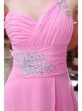 Empire Rose Pink One Shoulder Beading and Ruching Chiffon Prom Dress