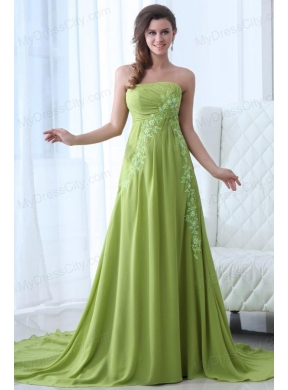 Empire Strapless Yellow Green Appliques and Ruching Prom Dress