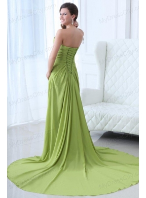 Empire Strapless Yellow Green Appliques and Ruching Prom Dress