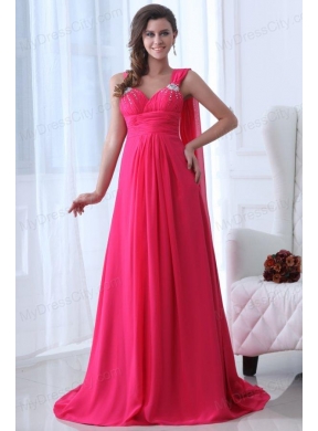 Empire Straps Hot Pink Beading and Ruching Chiffon Prom Dress