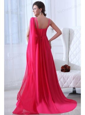 Empire Straps Hot Pink Beading and Ruching Chiffon Prom Dress