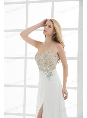 High Slit Sweetheart Beading and Ruching Floor-length Prom Dress