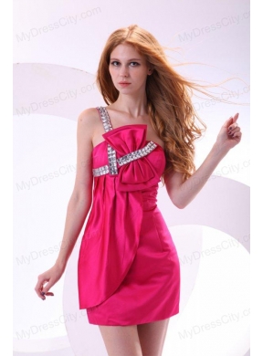 Hot Pink Empire One Shoulder Taffeta Mini-length Prom Dress with Beading