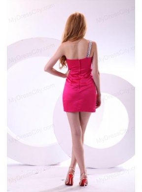 Hot Pink Empire One Shoulder Taffeta Mini-length Prom Dress with Beading