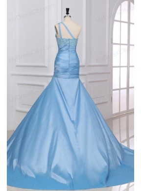 Light Blue Mermaid One Shoulder Prom Dress with Appliques