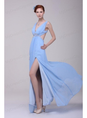 Light Blue V-neck Beading and High Silt Prom Dress in Chiffon