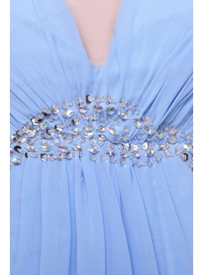 Light Blue V-neck Beading and High Silt Prom Dress in Chiffon