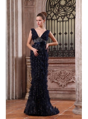 Luxurious Mermaid V-neck Navy Blue Beading Brush Train Prom Dress