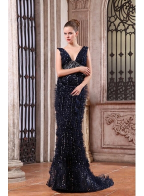 Luxurious Mermaid V-neck Navy Blue Beading Brush Train Prom Dress