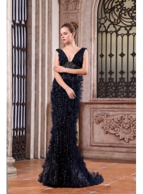 Luxurious Mermaid V-neck Navy Blue Beading Brush Train Prom Dress