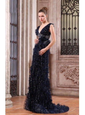 Luxurious Mermaid V-neck Navy Blue Beading Brush Train Prom Dress