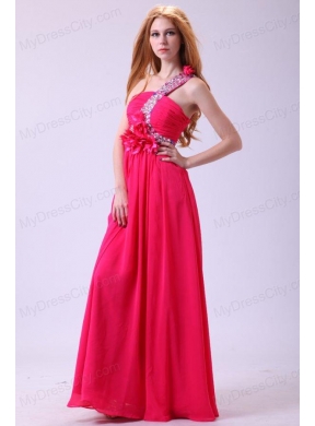 Modest Hot Pink Empire One Shoulder Floor-length Chiffon Prom Dress