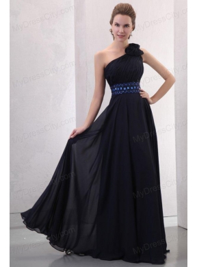 Navy Blue Empire One Shoulder Prom Dress with Beading and Flower