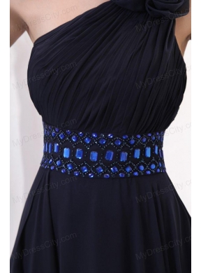 Navy Blue Empire One Shoulder Prom Dress with Beading and Flower