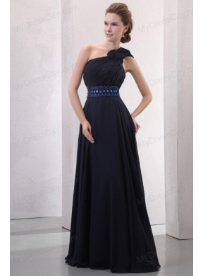 Navy Blue Empire One Shoulder Prom Dress with Beading and Flower