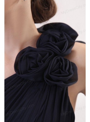 Navy Blue Empire One Shoulder Prom Dress with Beading and Flower