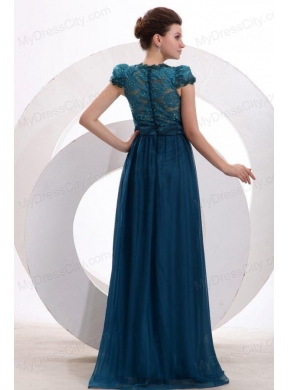 Navy Blue V-neck Cap Sleeves Beaded Decorate Brush Train Prom Dress