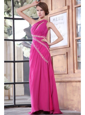 One Shoulder Chiffon Beading Sweep Train Prom Dress in Hot Pink