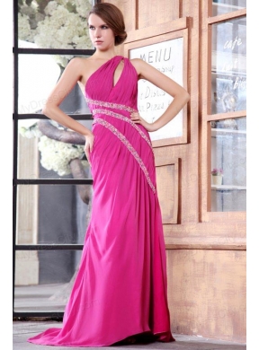 One Shoulder Chiffon Beading Sweep Train Prom Dress in Hot Pink