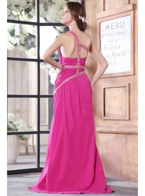 One Shoulder Chiffon Beading Sweep Train Prom Dress in Hot Pink