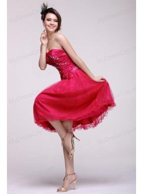 Pretty A-line Strapless Knee-length Beading Taffeta Hot Pink Prom Dress