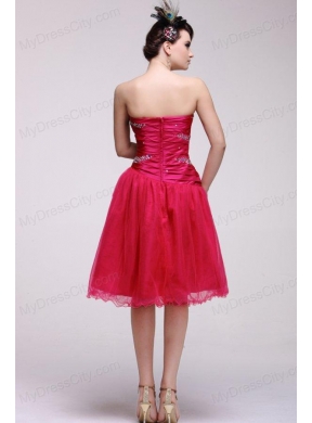 Pretty A-line Strapless Knee-length Beading Taffeta Hot Pink Prom Dress